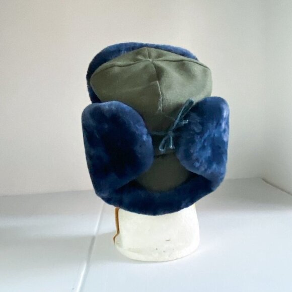 Vintage  Eastern European Army Green Wool Blue Fur Deatil Militray Flight Hat M - Picture 3 of 9